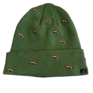 prAna Green Beanie Hat Embroidered Fox All Over Print Cuffed Outdoor Unisex